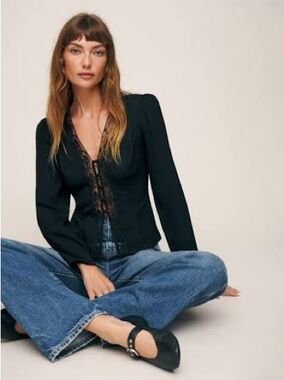 Reformation Nadene blouse - Black Lace-Trim Puff Sleeve Blouse